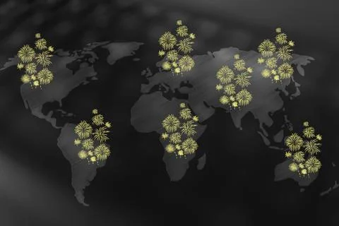 World map with fireworks exploding in different locations Illustrazione stock