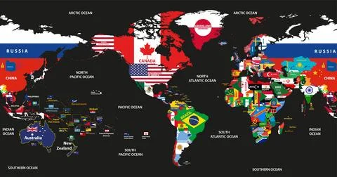 World map with flags centered by America Stock Illustration