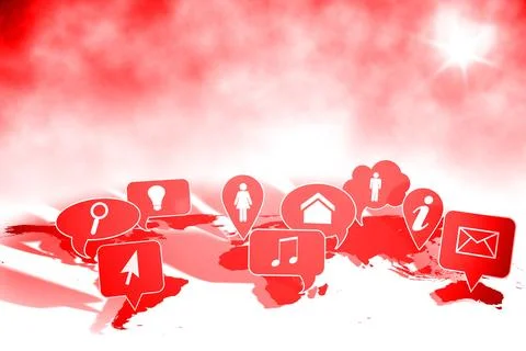 World map flat design is displaying red icon markers over red cloudy gradient Stock Illustration