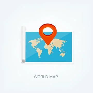 World map in a flat style. Earth, globe. Navigation. Route and destination. Icon Stock-Illustration