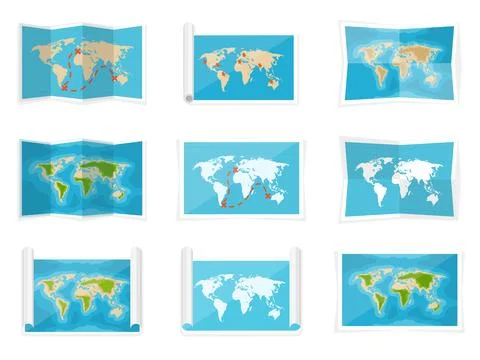 World map in a flat style. Earth, globe. Navigation. Route and destination. Icon Stock Illustration