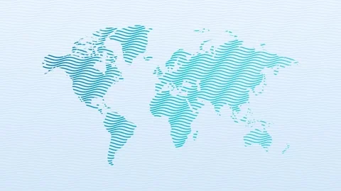 World map of flowing blue wave lines over a softly waving light blue background Stock Footage 348337412