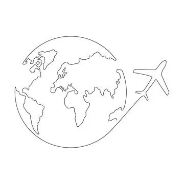 World map with flying airplane one line art. Stock Illustration