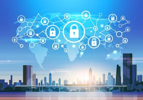 World map futuristic interface padlock icon security protection network data Ilustración de archivo