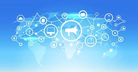 World map futuristic interface social media network icon loudspeaker connection 스톡 일러스트