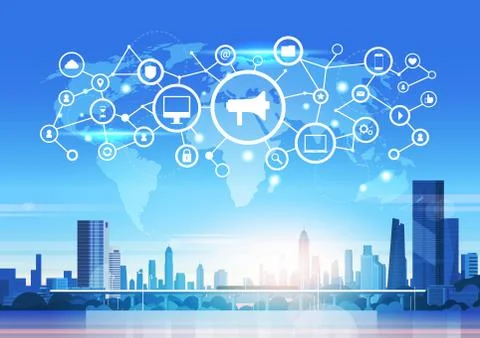 World map futuristic interface social media network icon loudspeaker connection Stock Illustration