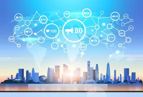 World map futuristic interface social media network icon loudspeaker connection Illustrazione stock