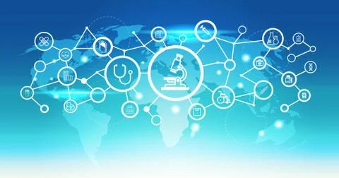 World map futuristic microscope icon interface medical healthcare network Illustrazione stock