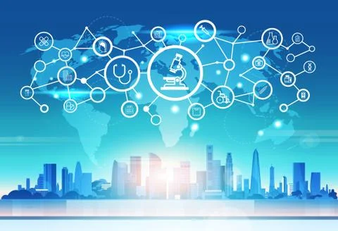 World map futuristic microscope icon interface medical healthcare network Stock Illustration