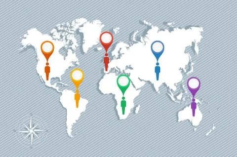 World map, geo pointers and men figures eps10 vector file. Stock Illustration
