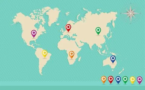 World map, geo position pins, wind rose eps10 vector file. Stock Illustration