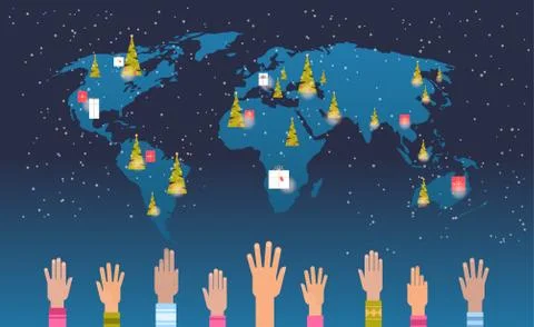 World map with gift present boxes raised up mix race hands merry christmas ha Ilustración de archivo