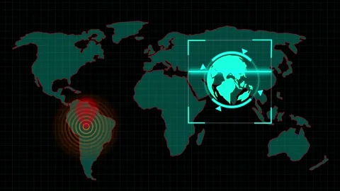 World map with global data and earthquake alert. World map icon for interna.. Video stock 337816625