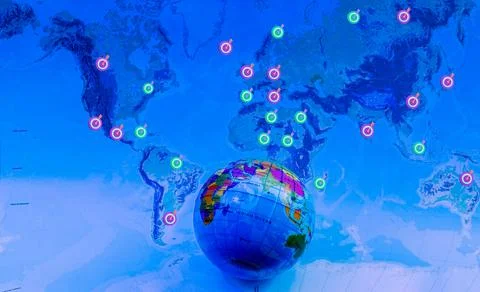 World map with global targets highlighted and a globe in the foreground. Conc Stock Photos