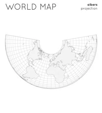 World map. Globe in albers projection, with graticule lines style. Outline .. Illustrazione stock
