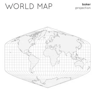 World map. Globe in baker projection, with graticule lines style. Outline v.. 스톡 일러스트