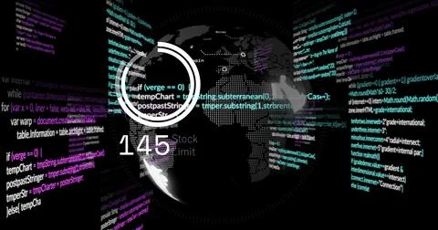 World map globe displaying teal-purple code streams in digital interface with Foto stock