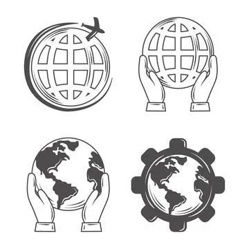 World map globe icon set save planet, work, travel Stock Illustration