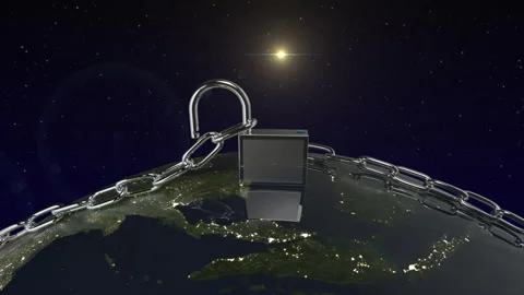 World map globe Lock and chain 3D.Abstract global security, free world, crisis Stock Footage 253705093
