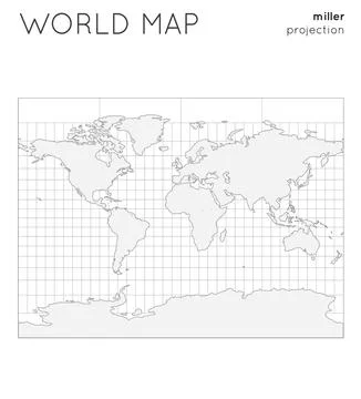 World map. Globe in miller projection, with graticule lines style. Outline .. Illustrazione stock