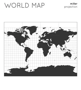 World map. Globe in miller projection, with graticule lines style. Modern v.. Illustrazione stock