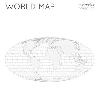World map. Globe in mollweide projection, with graticule lines style. Outli.. Illustrazione stock