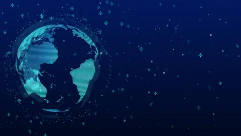 World Map Globe Rotating With Particle Ring Binary Code Video stock 339149625