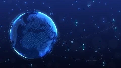 World map globe rotating with particle ring binary code fly around technology Stock Photos