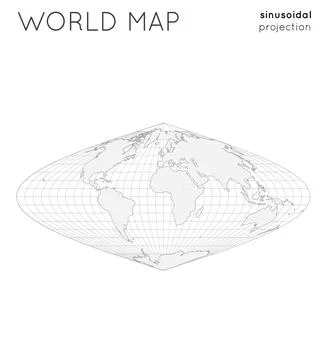 World map. Globe in sinusoidal projection, with graticule lines style. Outl.. Stock Illustration