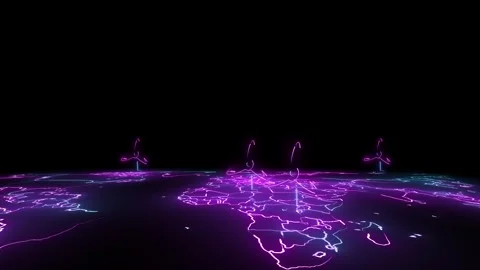 World map with glowing effect and together with wind turbines shows how we c Stock Footage 246683101