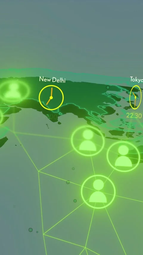 World map with glowing green icons and time zones, depicting global Stock Footage 323780793