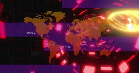 World map glowing on interface, with numeric labels, magenta bars, red Foto stock