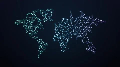 World map of glowing network nodes with data packets flowing along connections Vidéo 348337947