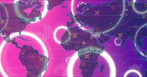 World map glowing in pink-purple gradient on digital interface with glowing Stock Illustration