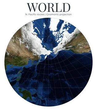 World Map. Gnomonic projection centered on North Pacific routes. Detailed p.. Ilustración de archivo