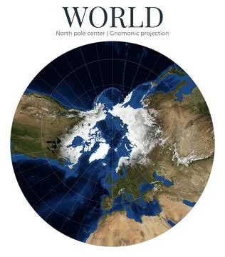 World Map. Gnomonic projection centered on the North Pole. Detailed physica.. Ilustração Stock