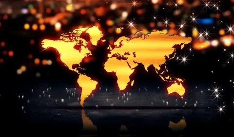 World Map Gold City Light Shine Bokeh 3D Background Stock Illustration