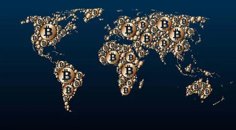 World map of golden bitcoins, mining, growth rate, distribution イラスト素材