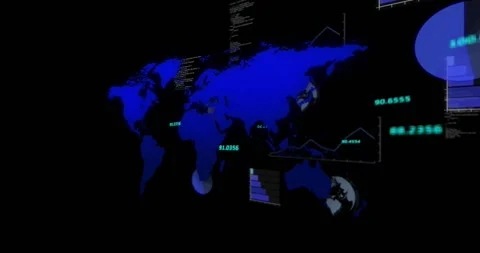 World map graphic being overlaid with numeric data points on dark data dashboard Stock Footage 327962150