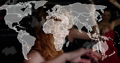 World map graphic fading over party, layering network hexagons on woman Stock Footage 314656922