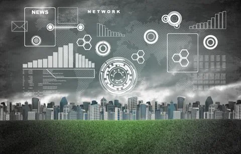 World map, graphs, circles and buildings with green grass field Stock Illustration