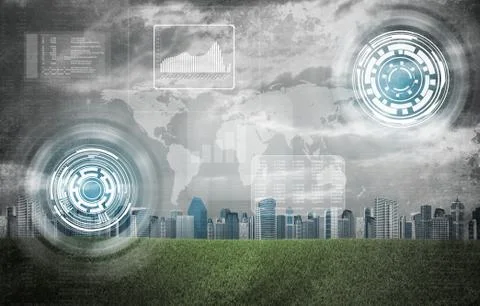 World map, graphs, circles and buildings with green grass field Stock Illustration