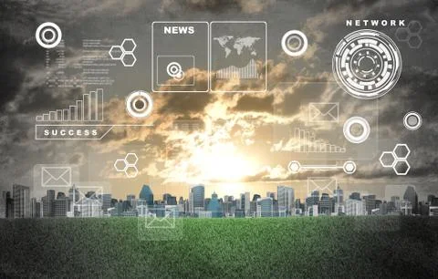World map, graphs, circles and buildings with green grass field Stock Illustration