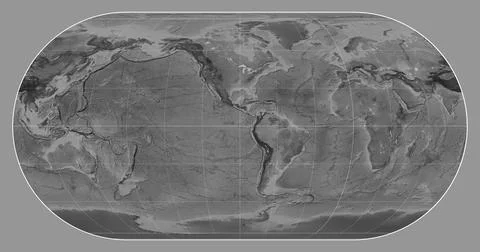World map. Grayscale. Eckert III projection. Meridian: -90 west Stock Illustration