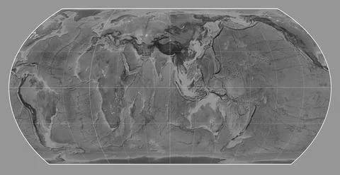 World map. Grayscale. Hatano Asymmetrical Equal Area projection. Meridian: .. Stock Illustration