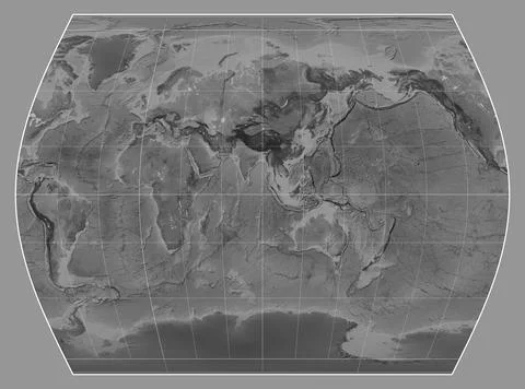 World map. Grayscale. Times projection. Meridian: 90 east Stock Illustration