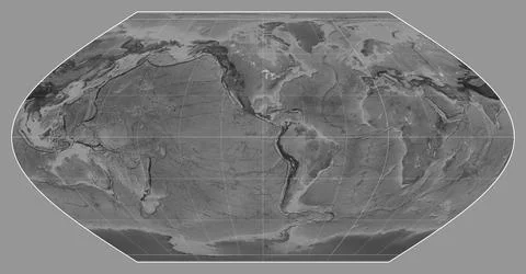 World map. Grayscale. Winkel I projection. Meridian: -90 west Stock Illustration