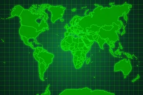 World map on a green grid screen Stock Illustration