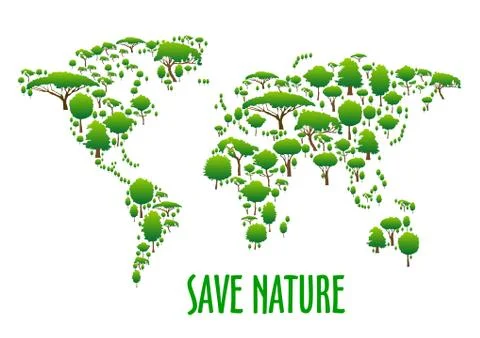 World map with green trees for eco design Stock Illustration