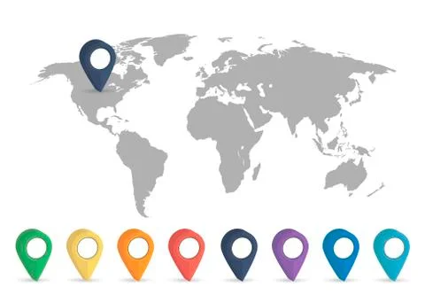 World map grey colored on a white background with pin Stock Illustration